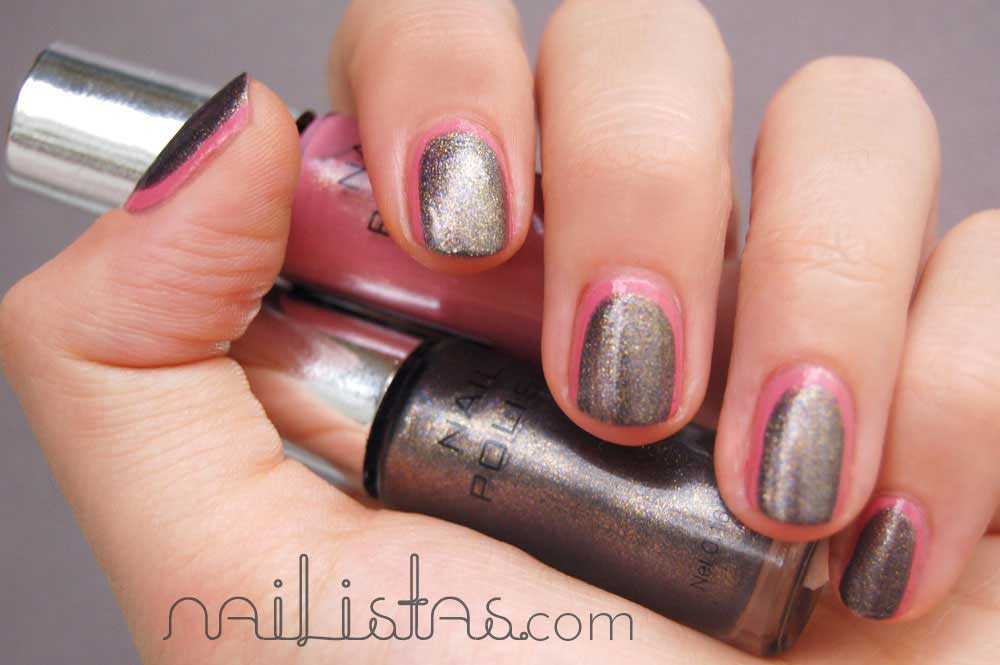 Uñas decoradas frame nails con esmaltes H&M rosa chicle y gris metalizado