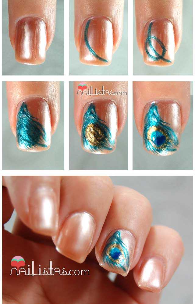 Uñas decoradas paso a paso con plumas de pavo real
