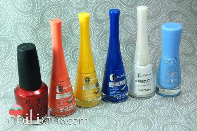 Affair in Red Square de O.P.I, Méli Melon, Sunny Sunday, In the Navy de Bourjois, blanco de Flormar y Adora-Bleu de Bourjois Affair in Red Square de O.P.I, Méli Melon, Sunny Sunday, In the Navy de Bourjois, blanco de Flormar y Adora-Bleu de Bourjois