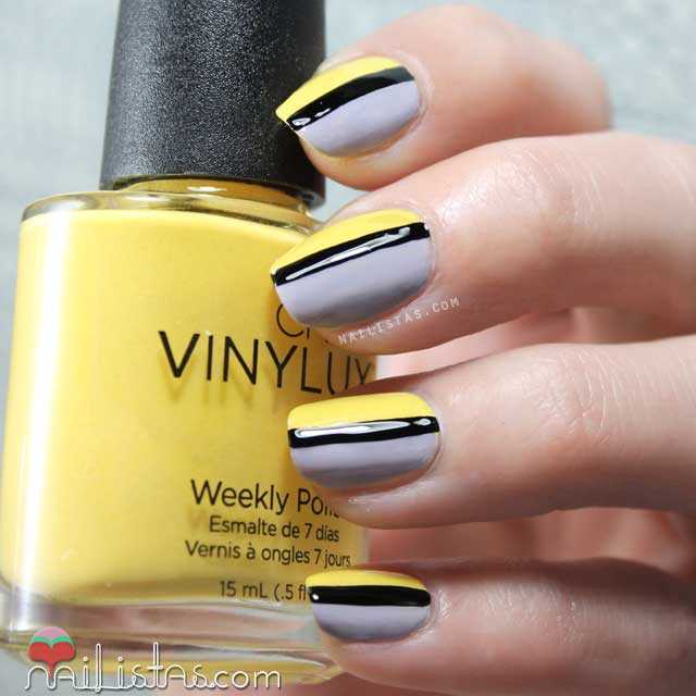 Uñas decoradas en amarillo gris y negro con esmaltes vinylux
